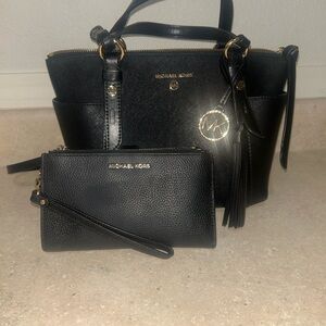 Michael Kors Black Leather Tote with Matching Wristlet and Gold Hardware